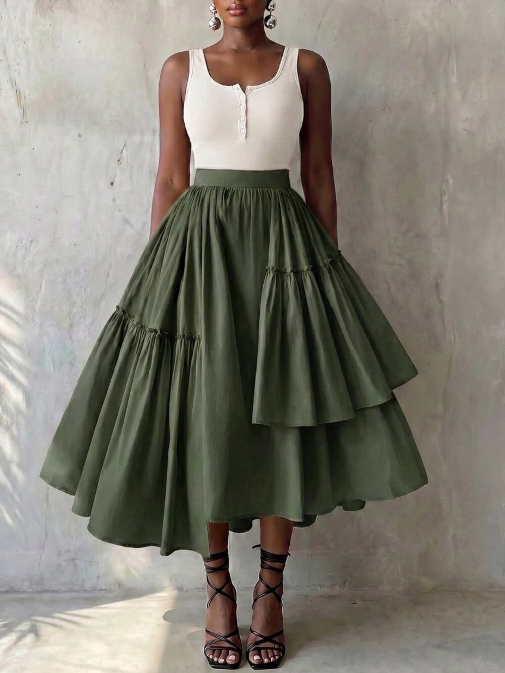 Green Casual Women's Elegant Brunch asymmetrical ruffled Skirt